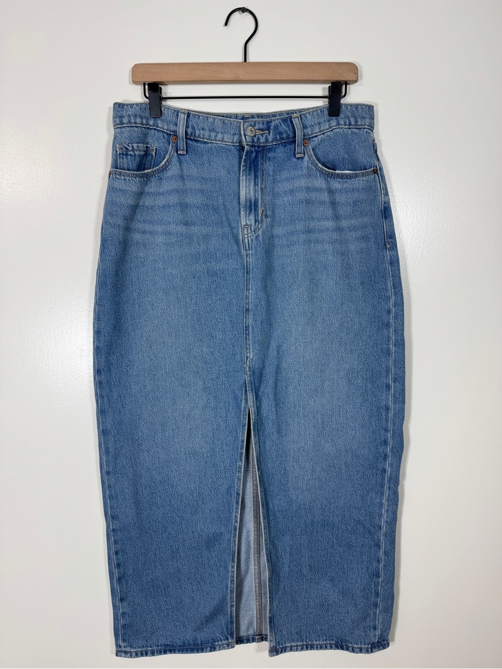WSK59 {Old Navy} "Mid Rise Drapey Denim Column" Blue Denim Jean Maxi Skirt